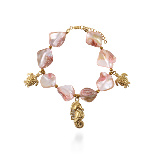 Χειροποίητο βραχιόλι με φυσικά κοχύλια/κοράλια Mar and Mar Coralia (Pink) από ανοξείδωτο ατσάλι