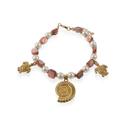 Χειροποίητο βραχιόλι με φυσικά κοχύλια και πέρλες Mar and Mar Nerivana (Pink) από ανοξείδωτο ατσάλι
