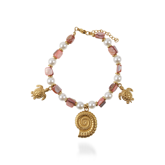 Χειροποίητο βραχιόλι με φυσικά κοχύλια και πέρλες Mar and Mar Nerivana (Pink) από ανοξείδωτο ατσάλι