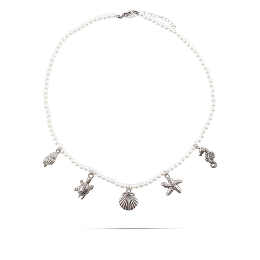 Γυναικείο χειροποίητο κολιέ με καλοκαιρινά κρεμαστά και πέρλες Mar and Mar Venilia από ανοξέιδωτο ατσάλι