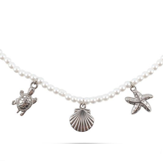 Γυναικείο χειροποίητο κολιέ με καλοκαιρινά κρεμαστά και πέρλες Mar and Mar Venilia από ανοξέιδωτο ατσάλι