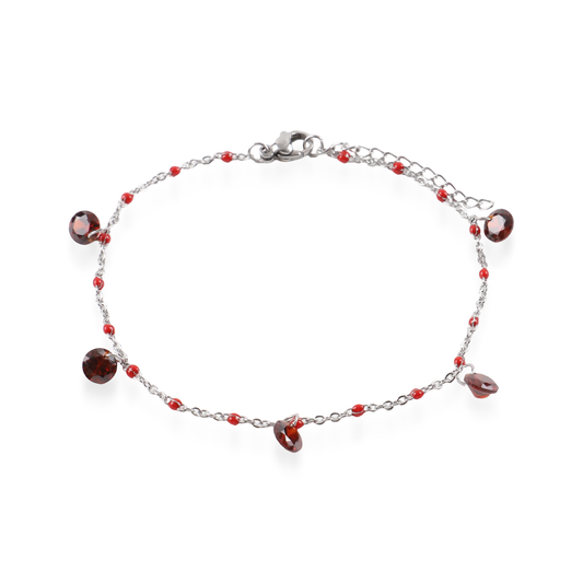 Αλυσίδα ποδιού με πέτρες ζιργκόν Mar and Mar Rosseta Silver (Red) από ανοξείδωτο ατσάλι