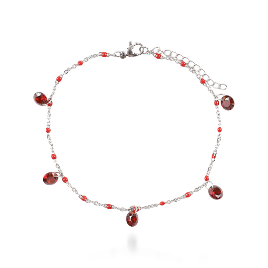 Αλυσίδα ποδιού με πέτρες ζιργκόν Mar and Mar Rosseta Silver (Red) από ανοξείδωτο ατσάλι