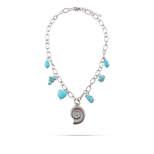 Χειροποίητο κολιέ με κρεμαστό κοχύλι και φυσικές ορυκτές πέτρες Χαολίτη Mar and Mar Nerida Silver από ανοξείδωτο ατσάλι