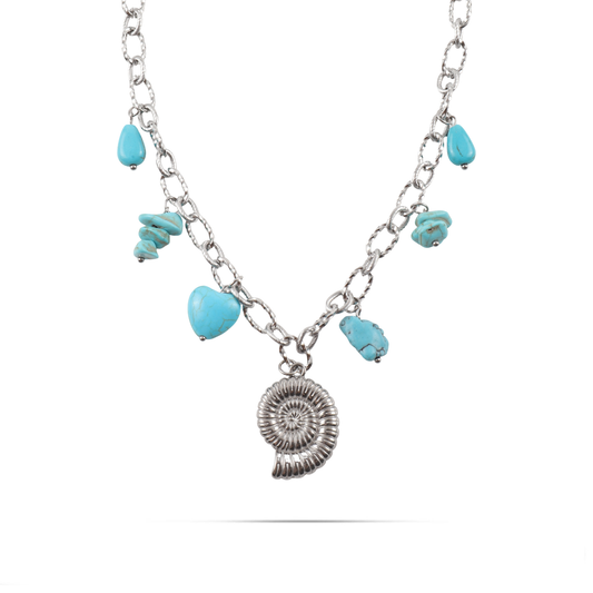 Χειροποίητο κολιέ με κρεμαστό κοχύλι και φυσικές ορυκτές πέτρες Χαολίτη Mar and Mar Nerida Silver από ανοξείδωτο ατσάλι