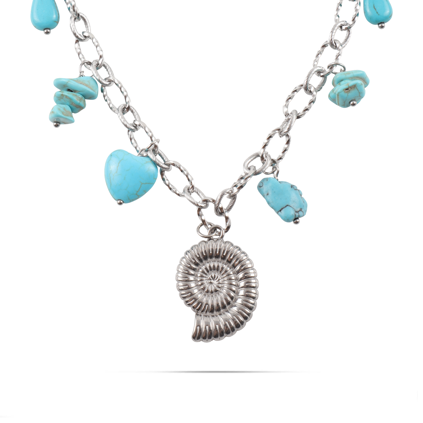 Χειροποίητο κολιέ με κρεμαστό κοχύλι και φυσικές ορυκτές πέτρες Χαολίτη Mar and Mar Nerida Silver από ανοξείδωτο ατσάλι