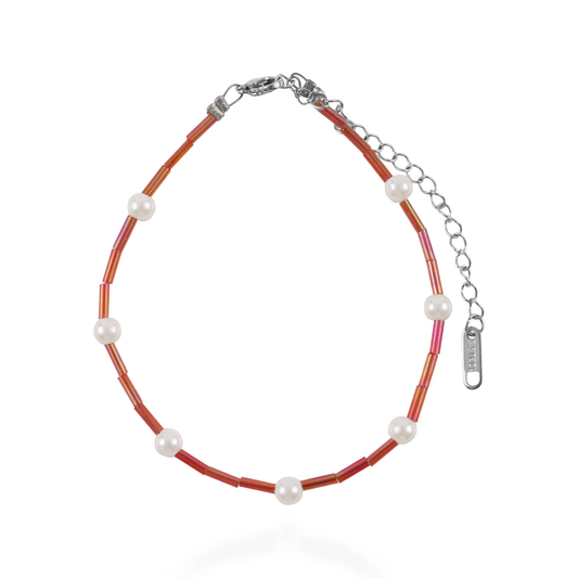 Αλυσίδα ποδιού χειροποίητη Mar and Mar Marya (Red) Silver από ανοξείδωτο ατσάλι