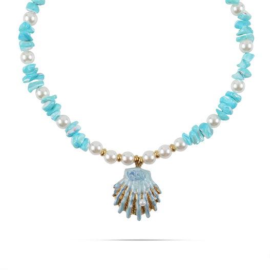 Χειροποίητο κολιέ με φυσικό κοχύλι/κοράλι και πέρλες Mar and Mar Glelia Seashell από ανοξείδωτο ατσάλι