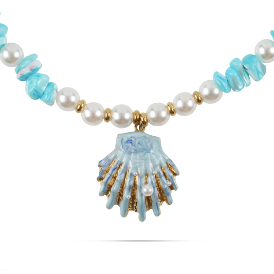 Χειροποίητο κολιέ με φυσικό κοχύλι/κοράλι και πέρλες Mar and Mar Glelia Seashell από ανοξείδωτο ατσάλι