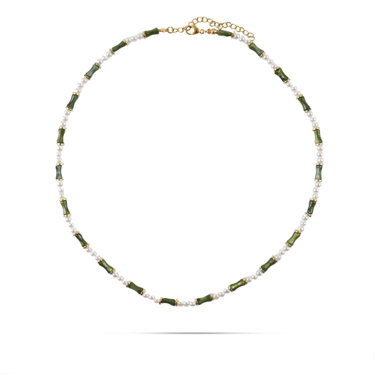 Χειροποίητο κολιέ με φυσικό κοχύλι/κοράλι και πέρλες Mar and Mar Sienna (Green) από ανοξείδωτο ατσάλι