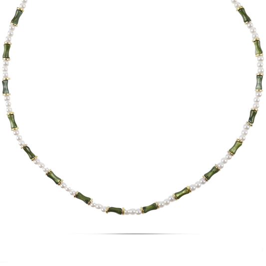 Χειροποίητο κολιέ με φυσικό κοχύλι/κοράλι και πέρλες Mar and Mar Sienna (Green) από ανοξείδωτο ατσάλι