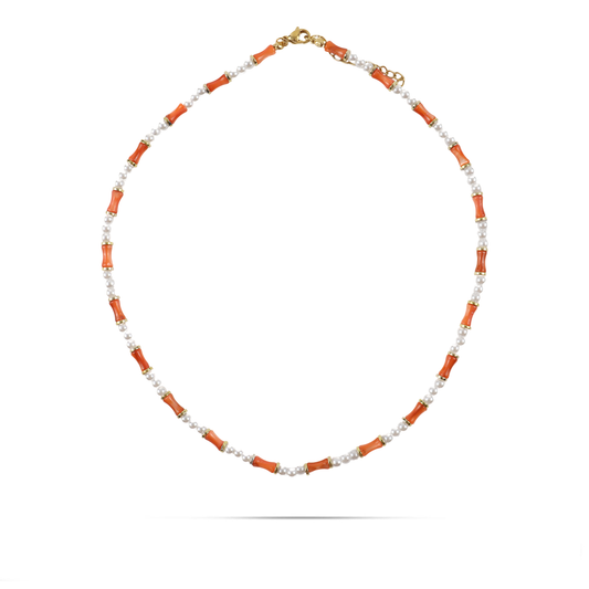 Χειροποίητο κολιέ με φυσικό κοχύλι/κοράλι και πέρλες Mar and Mar Sienna (Orange) από ανοξείδωτο ατσάλι