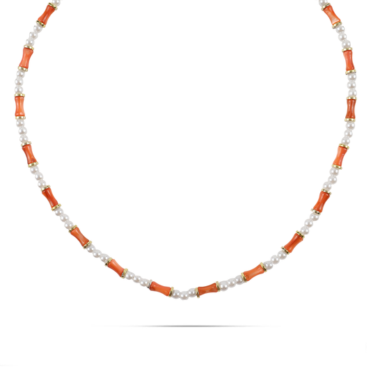 Χειροποίητο κολιέ με φυσικό κοχύλι/κοράλι και πέρλες Mar and Mar Sienna (Orange) από ανοξείδωτο ατσάλι