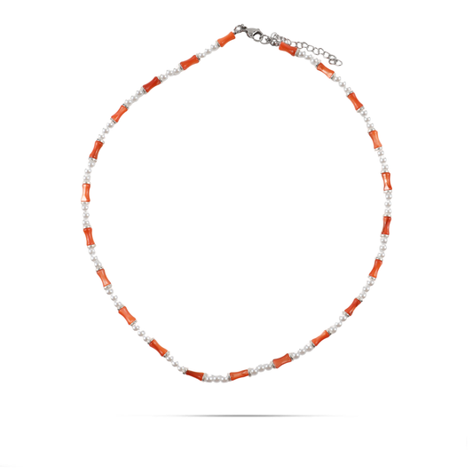 Χειροποίητο κολιέ με φυσικό κοχύλι/κοράλι και πέρλες Mar and Mar Sienna Silver (Orange) από ανοξείδωτο ατσάλι