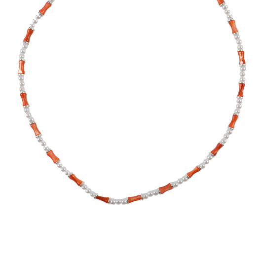 Χειροποίητο κολιέ με φυσικό κοχύλι/κοράλι και πέρλες Mar and Mar Sienna Silver (Orange) από ανοξείδωτο ατσάλι