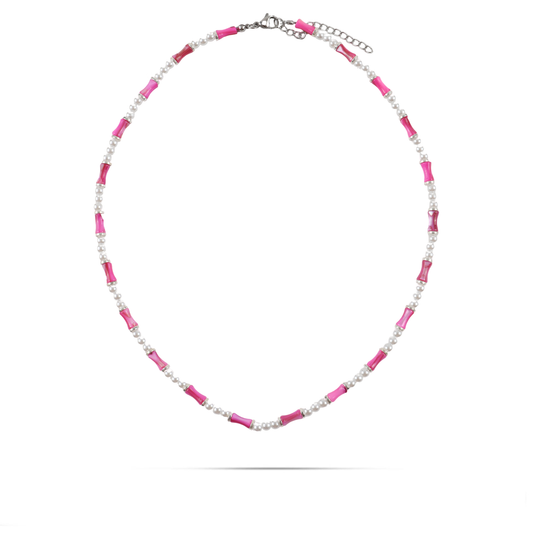 Χειροποίητο κολιέ με φυσικό κοχύλι/κοράλι και πέρλες Mar and Mar Sienna Silver (Magenta) από ανοξείδωτο ατσάλι