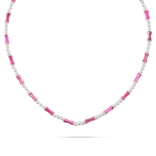 Χειροποίητο κολιέ με φυσικό κοχύλι/κοράλι και πέρλες Mar and Mar Sienna Silver (Magenta) από ανοξείδωτο ατσάλι