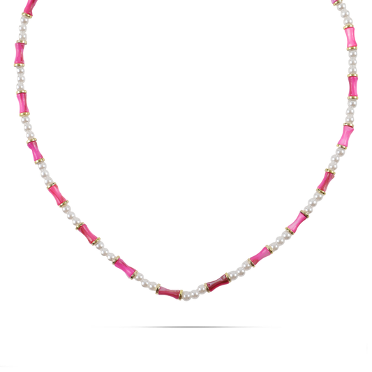 Χειροποίητο κολιέ με φυσικό κοχύλι/κοράλι και πέρλες Mar and Mar Sienna (Magenta) από ανοξείδωτο ατσάλι