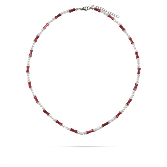 Χειροποίητο κολιέ με φυσικό κοχύλι/κοράλι και πέρλες Mar and Mar Sienna Silver (Ruby) από ανοξείδωτο ατσάλι