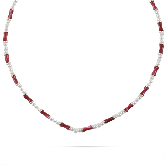 Χειροποίητο κολιέ με φυσικό κοχύλι/κοράλι και πέρλες Mar and Mar Sienna Silver (Ruby) από ανοξείδωτο ατσάλι