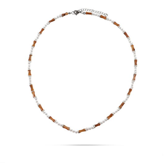 Χειροποίητο κολιέ με φυσικό κοχύλι/κοράλι και πέρλες Mar and Mar Sienna Silver (Brown) από ανοξείδωτο ατσάλι