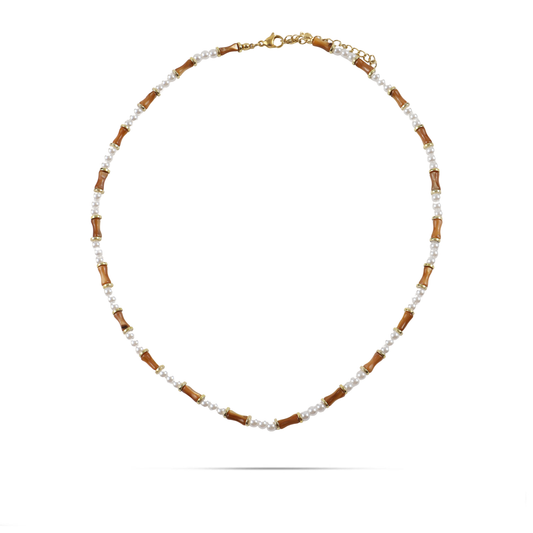 Χειροποίητο κολιέ με φυσικό κοχύλι/κοράλι και πέρλες Mar and Mar Sienna (Brown) από ανοξείδωτο ατσάλι