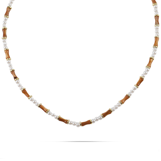 Χειροποίητο κολιέ με φυσικό κοχύλι/κοράλι και πέρλες Mar and Mar Sienna (Brown) από ανοξείδωτο ατσάλι