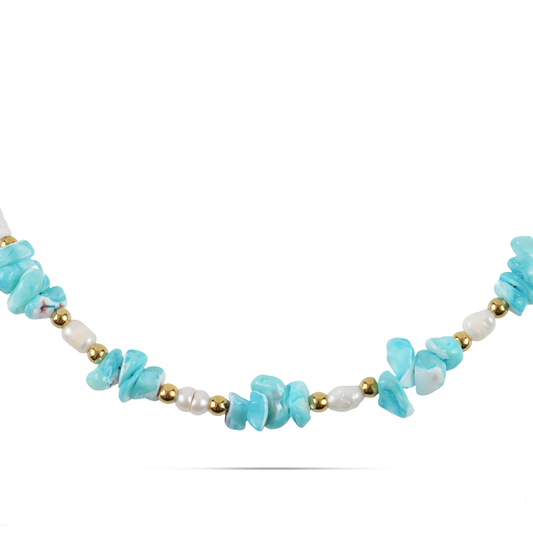 Χειροποίητο κολιέ με φυσικά κοράλια και μαργαριτάρια νερού Mar and Mar Naida από ανοξείδωτο ατσάλι