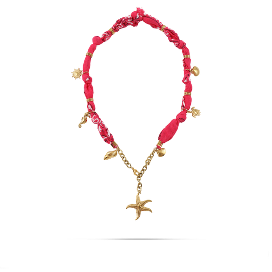 Χειροποίητο κολιέ από μπαντάνα και θαλασσινά στοιχεία Mar and Mar Isaya Starfish (Magenta) Gold από ανοξείδωτο ατσάλι