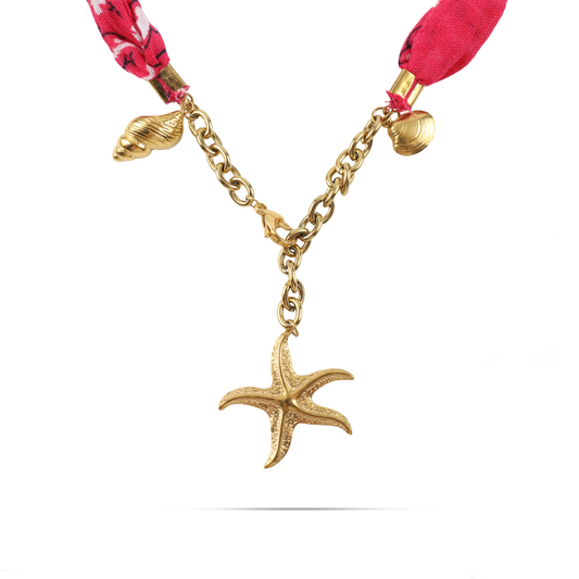 Χειροποίητο κολιέ από μπαντάνα και θαλασσινά στοιχεία Mar and Mar Isaya Starfish (Magenta) Gold από ανοξείδωτο ατσάλι