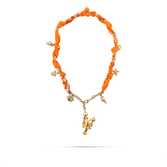 Χειροποίητο κολιέ από μπαντάνα και θαλασσινά στοιχεία Mar and Mar Isaya Lobster (Orange) Gold από ανοξείδωτο ατσάλι