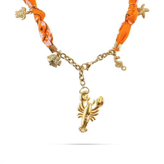 Χειροποίητο κολιέ από μπαντάνα και θαλασσινά στοιχεία Mar and Mar Isaya Lobster (Orange) Gold από ανοξείδωτο ατσάλι