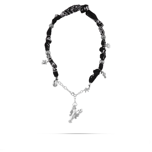 Χειροποίητο κολιέ από μπαντάνα και θαλασσινά στοιχεία Mar and Mar Isaya Lobster (Black) Silver από ανοξείδωτο ατσάλι