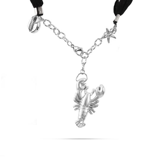 Χειροποίητο κολιέ από μπαντάνα και θαλασσινά στοιχεία Mar and Mar Isaya Lobster (Black) Silver από ανοξείδωτο ατσάλι