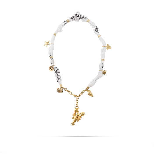 Χειροποίητο κολιέ από μπαντάνα και θαλασσινά στοιχεία Mar and Mar Isaya Lobster (White) Gold από ανοξείδωτο ατσάλι