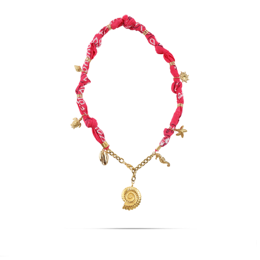 Χειροποίητο κολιέ από μπαντάνα και θαλασσινά στοιχεία Mar and Mar Isaya Seashell (Magenta) Gold από ανοξείδωτο ατσάλι