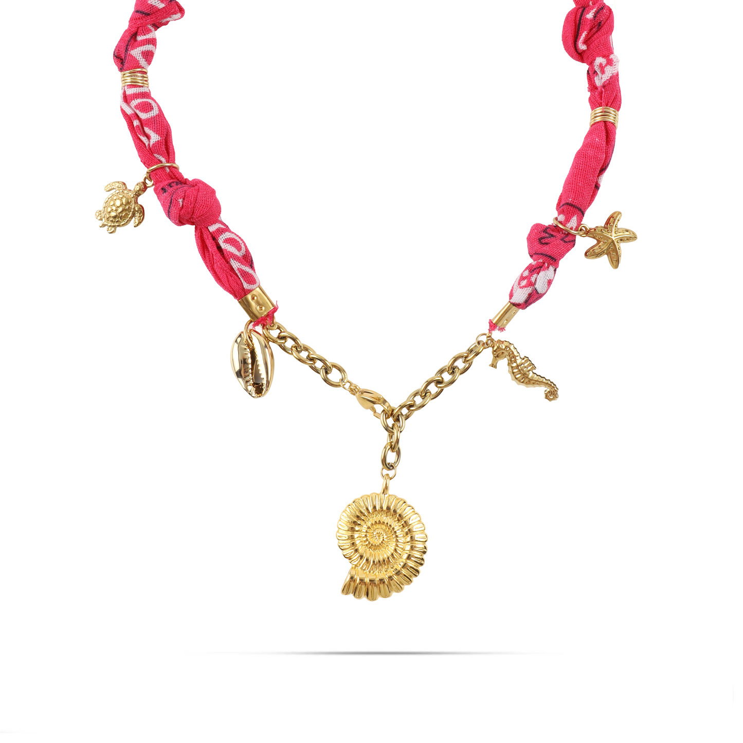Χειροποίητο κολιέ από μπαντάνα και θαλασσινά στοιχεία Mar and Mar Isaya Seashell (Magenta) Gold από ανοξείδωτο ατσάλι
