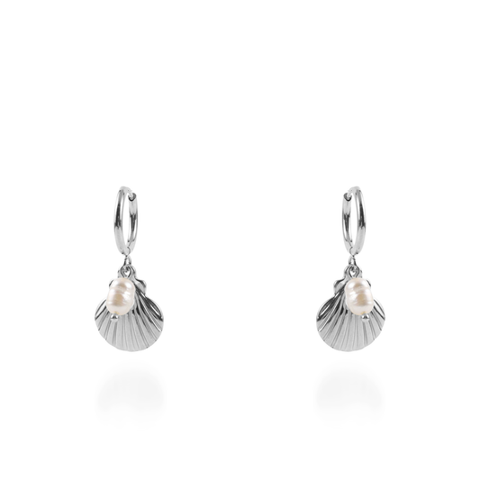 Σκουλαρίκια κρεμαστά με πέρλες Mar and Mar Irida Seashell Silver από ανοξείδωτο ατσάλι