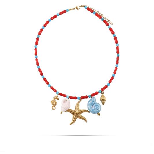 Χειροποίητο κολιέ με φυσικά κοχύλια και κοράλια Mar and Mar Navalia από ανοξείδωτο ατσάλι