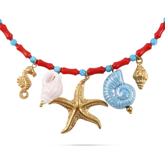 Χειροποίητο κολιέ με φυσικά κοχύλια και κοράλια Mar and Mar Navalia από ανοξείδωτο ατσάλι