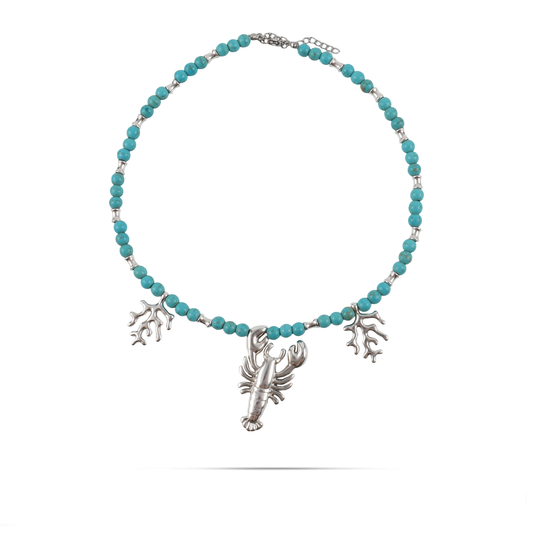 Χειροποίητο κολιέ με αστακό και κοράλια Mar and Mar Lobster Corals Silver με φυσικές ορυκτές πέτρες Χαολίτη από ανοξείδωτο ατσάλι