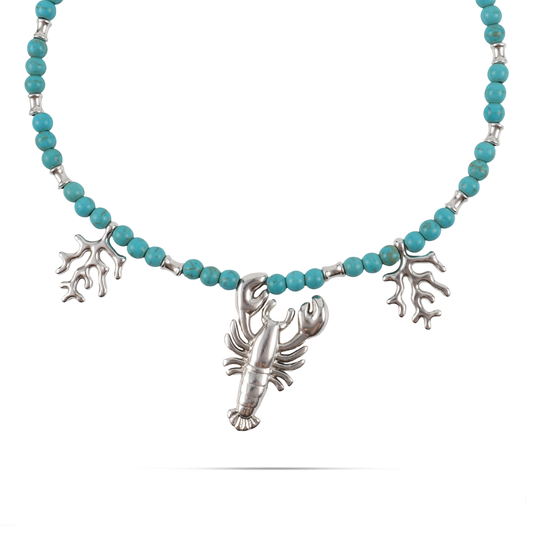 Χειροποίητο κολιέ με αστακό και κοράλια Mar and Mar Lobster Corals Silver με φυσικές ορυκτές πέτρες Χαολίτη από ανοξείδωτο ατσάλι