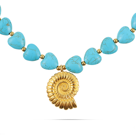 Χειροποίητο κολιέ με φυσικές ορυκτές πέτρες Χαολίτη Mar and Mar Thalina Seashell από ανοξείδωτο ατσάλι