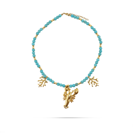 Χειροποίητο κολιέ με αστακό και κοράλια Mar and Mar Lobster Corals με φυσικές ορυκτές πέτρες Χαολίτη από ανοξείδωτο ατσάλι