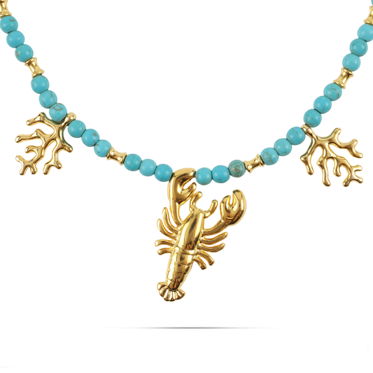 Χειροποίητο κολιέ με αστακό και κοράλια Mar and Mar Lobster Corals με φυσικές ορυκτές πέτρες Χαολίτη από ανοξείδωτο ατσάλι