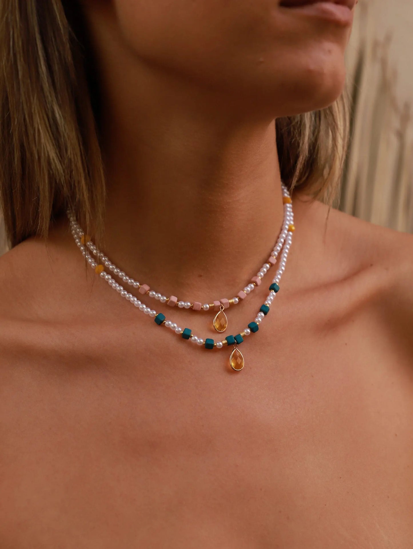 Κολιέ choker με πέρλα χάντρες και πέτρες ζιργκόν Mar & Mar Eldisa από ανοξείδωτο ατσάλι