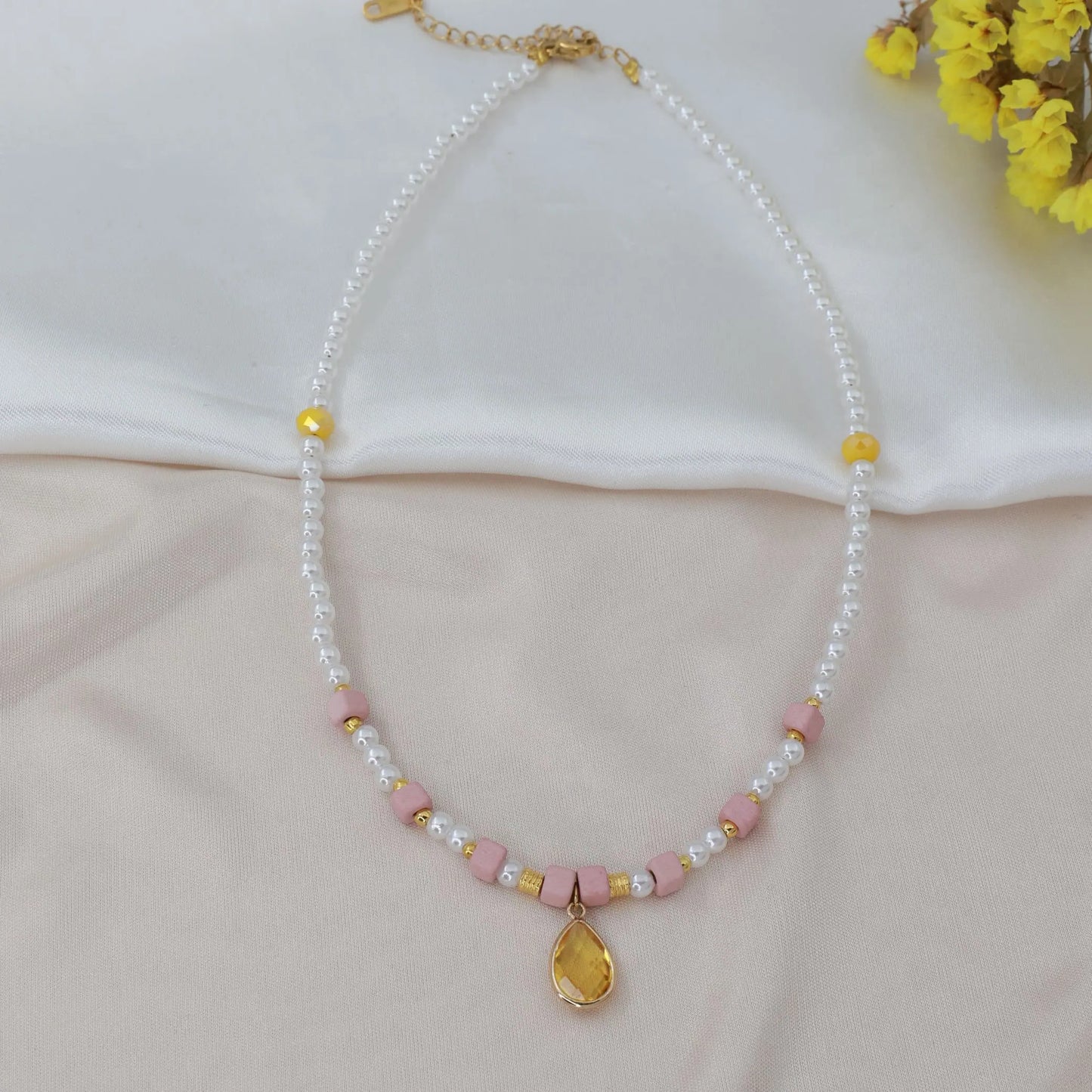 Κολιέ choker με πέρλα χάντρες και πέτρες ζιργκόν Mar & Mar Eldisa από ανοξείδωτο ατσάλι