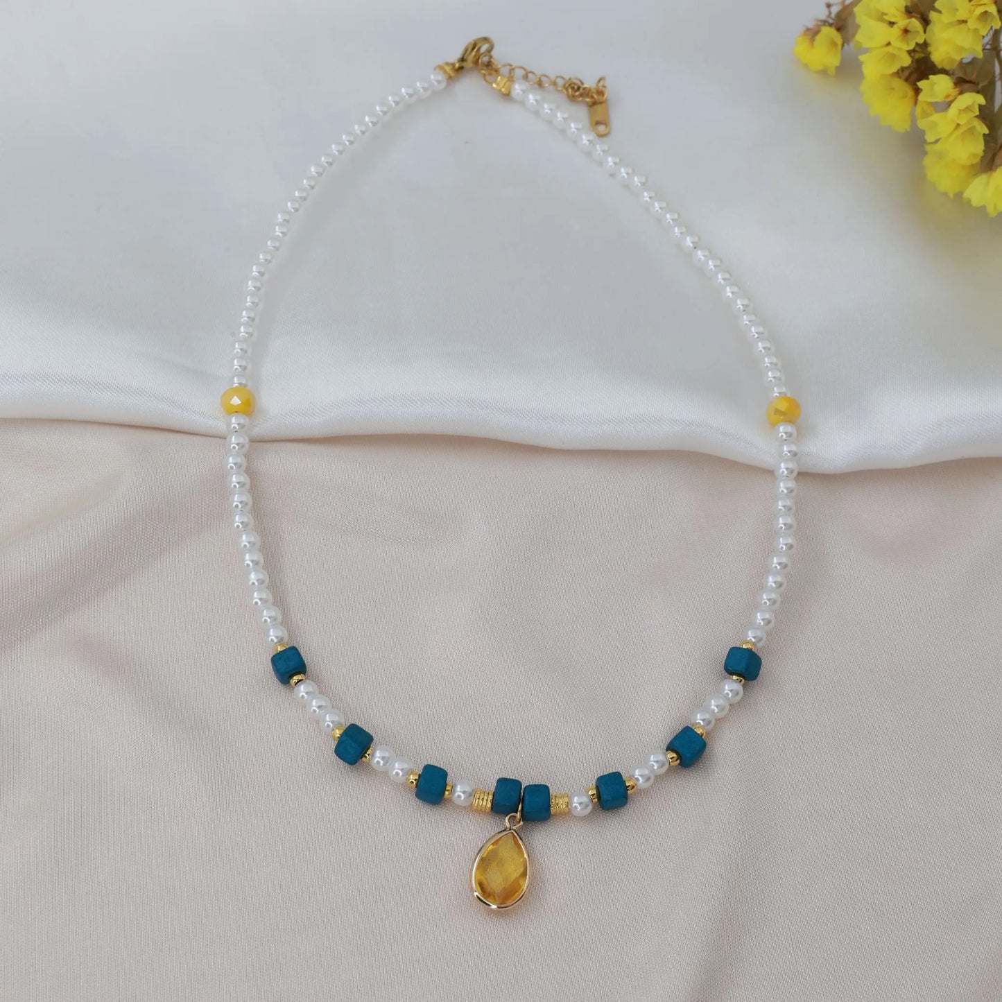 Κολιέ choker με πέρλα χάντρες και πέτρες ζιργκόν Mar & Mar Eldisa από ανοξείδωτο ατσάλι