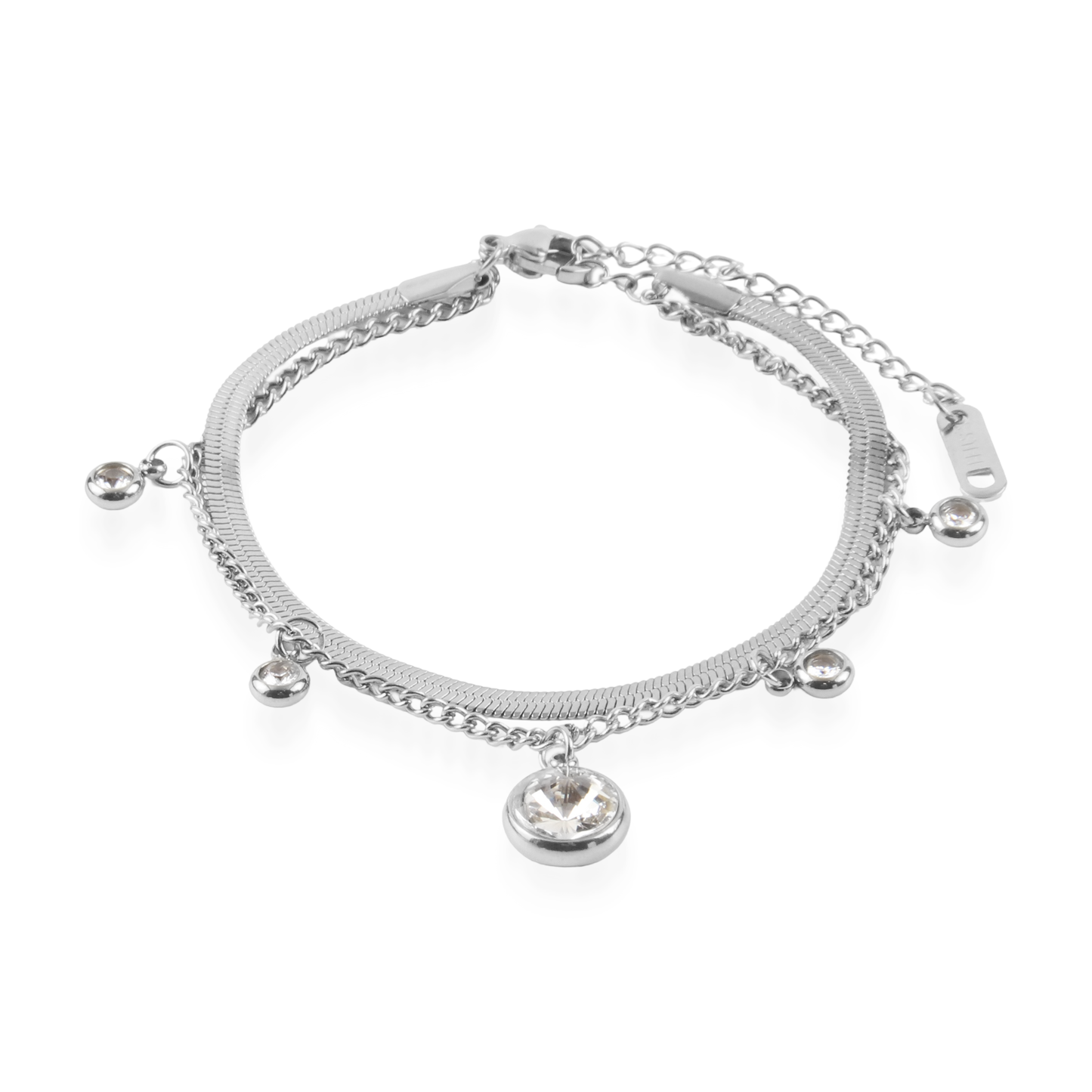 Βραχιόλι με διπλή flat αλυσίδα και ζιργκόν Mar and Mar Ceristy Silver από ανοξείδωτο ατσάλι