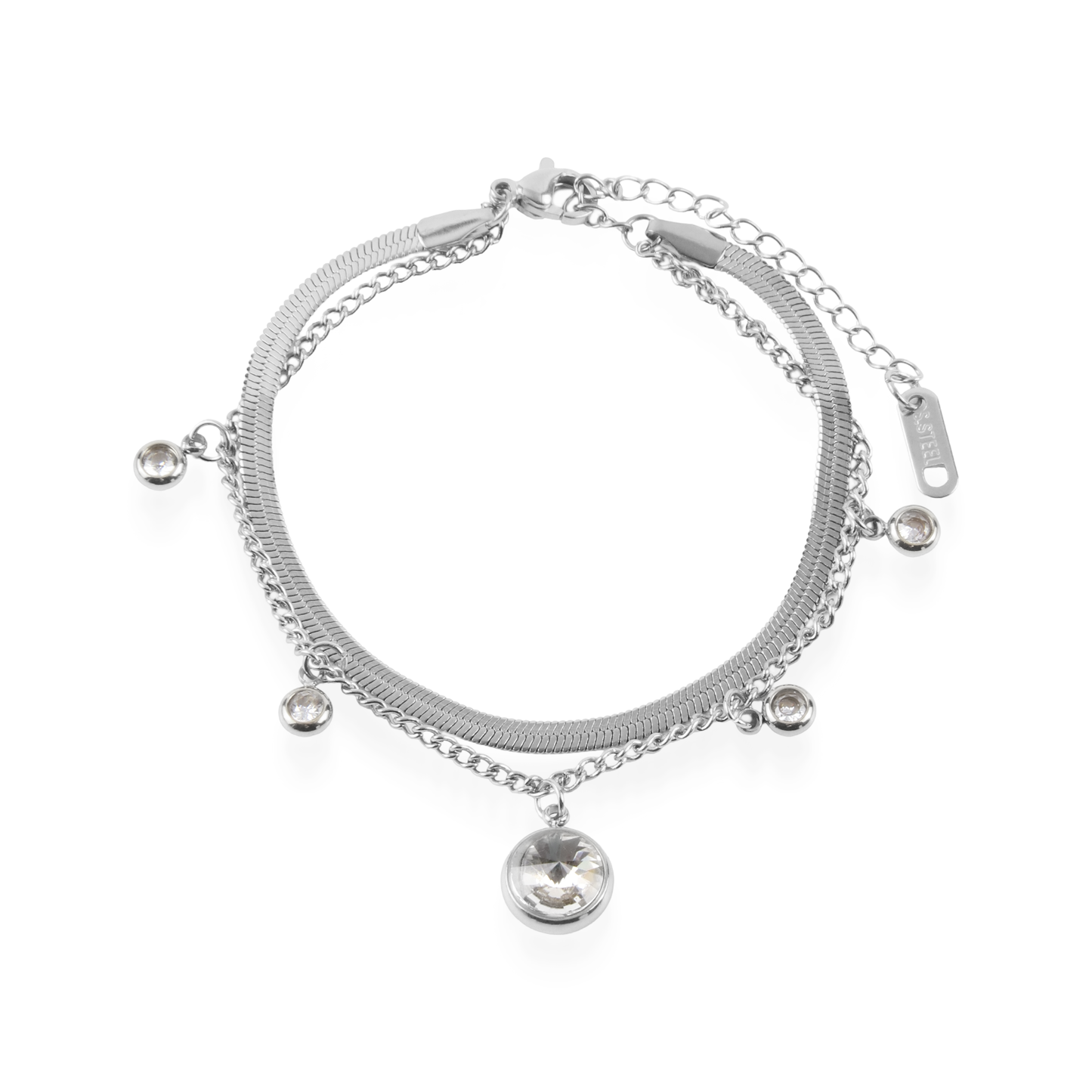 Βραχιόλι με διπλή flat αλυσίδα και ζιργκόν Mar and Mar Ceristy Silver από ανοξείδωτο ατσάλι